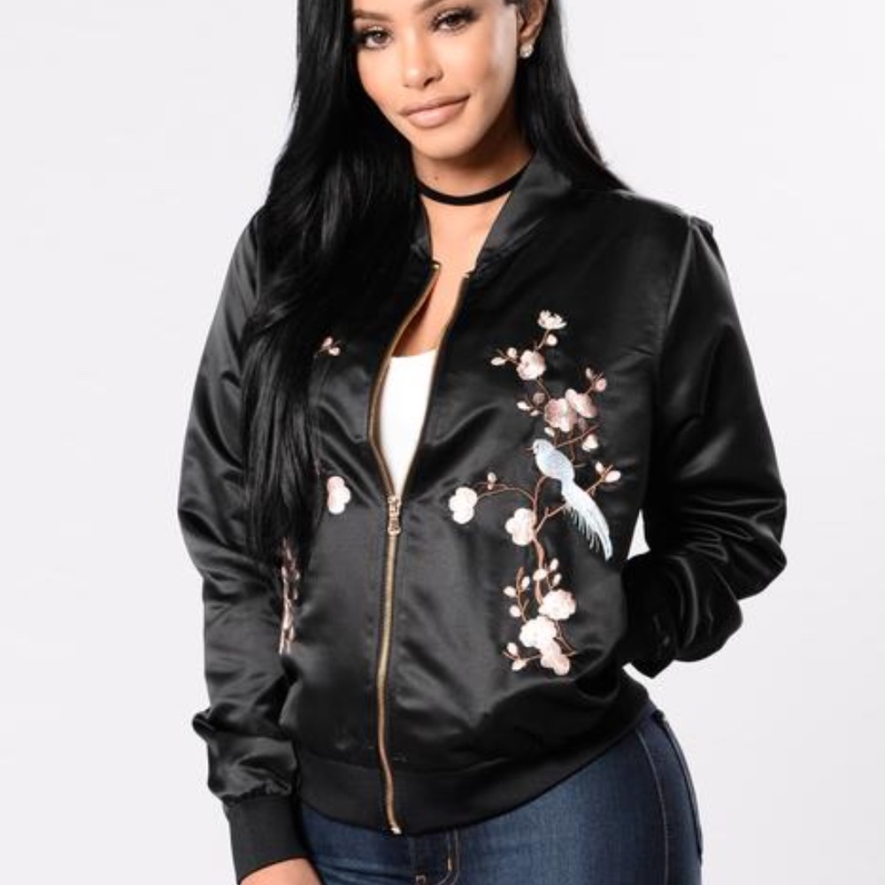 🦋 Fashion Nova Black Satin Floral Bomber Jacket